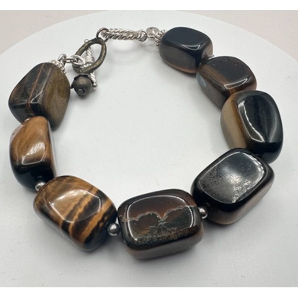 Vintage 90s Silver Tone Tiger Eye Beaded Bracelet Women 7in Toggle Clasp